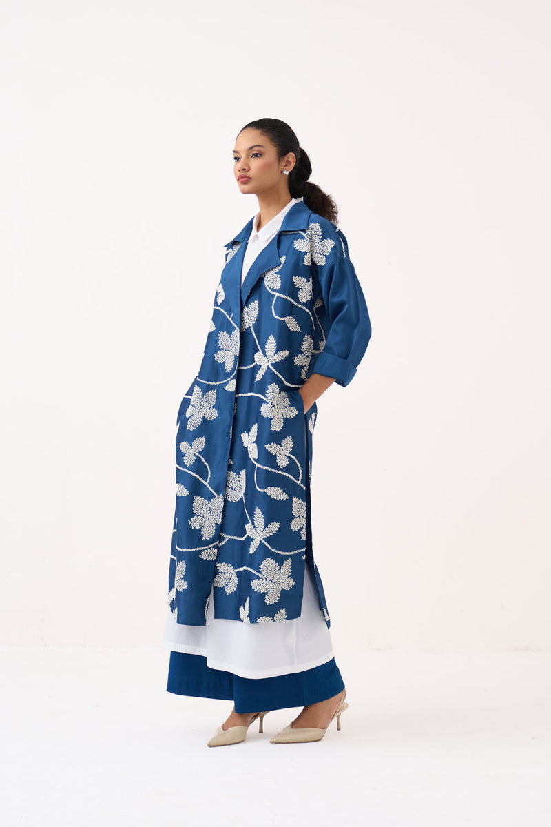 Floral All Over Emb. Overlay Co-Ord-Cobalt Blue chanderi, poplin co-ord set by THREE in blue for women in Singapore