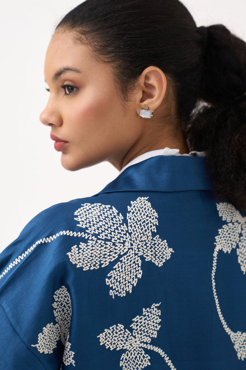 Floral All Over Emb. Overlay-Cobalt Blue chanderi jacket/overlay by THREE in blue for women in Singapore