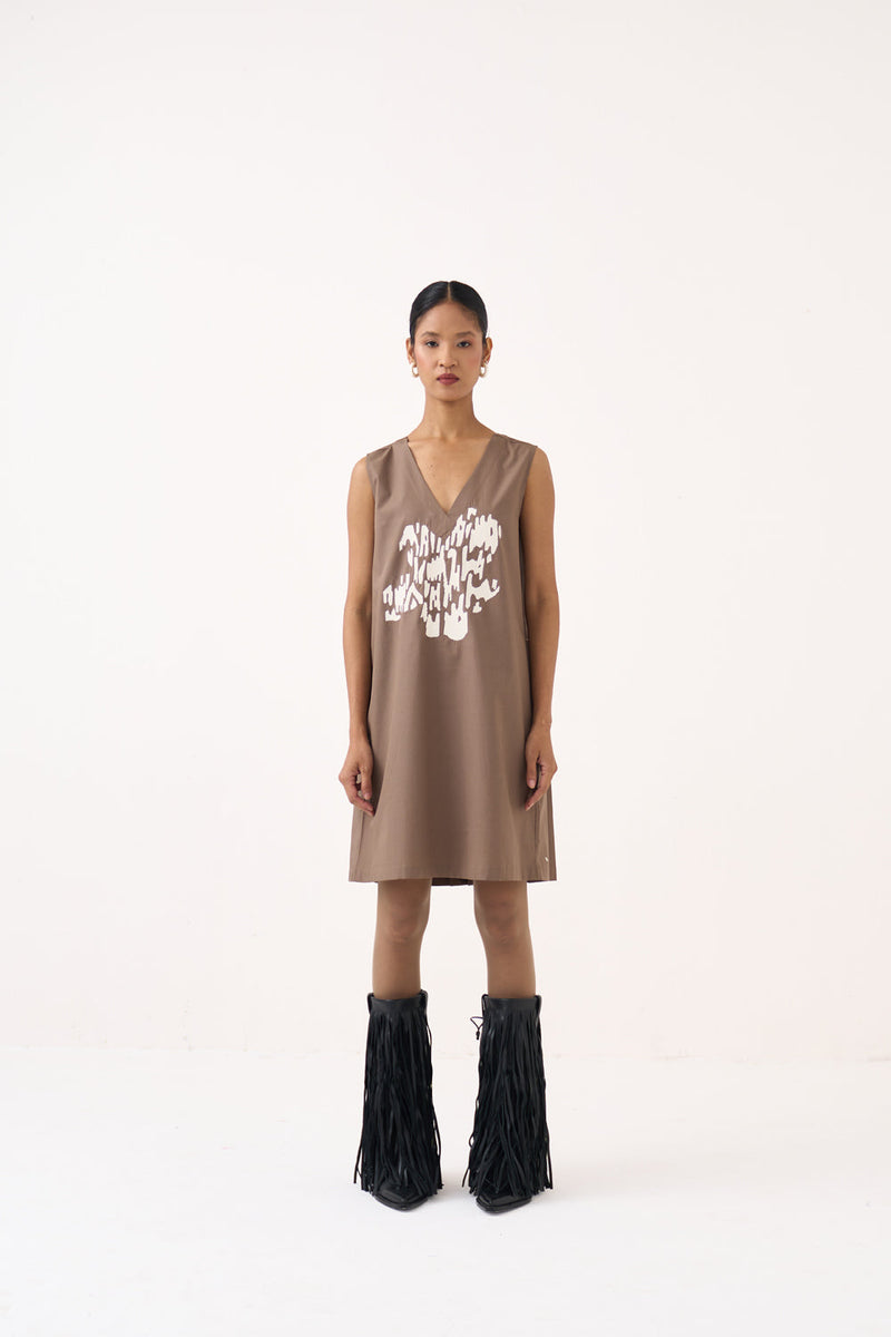 Short Back Pleat Dress-Cedar 100% cotton poplin dress by THREE in cedar for women in Singapore