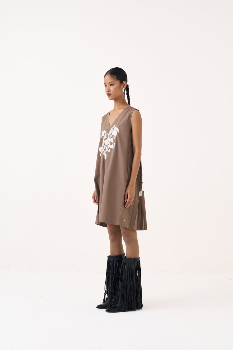 Short Back Pleat Dress-Cedar 100% cotton poplin dress by THREE in cedar for women in Singapore