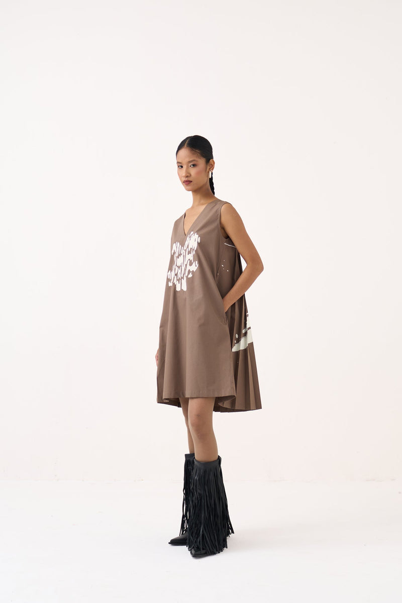 Short Back Pleat Dress-Cedar 100% cotton poplin dress by THREE in cedar for women in Singapore