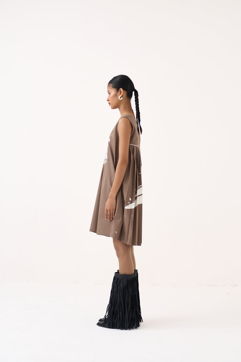 Short Back Pleat Dress-Cedar 100% cotton poplin dress by THREE in cedar for women in Singapore