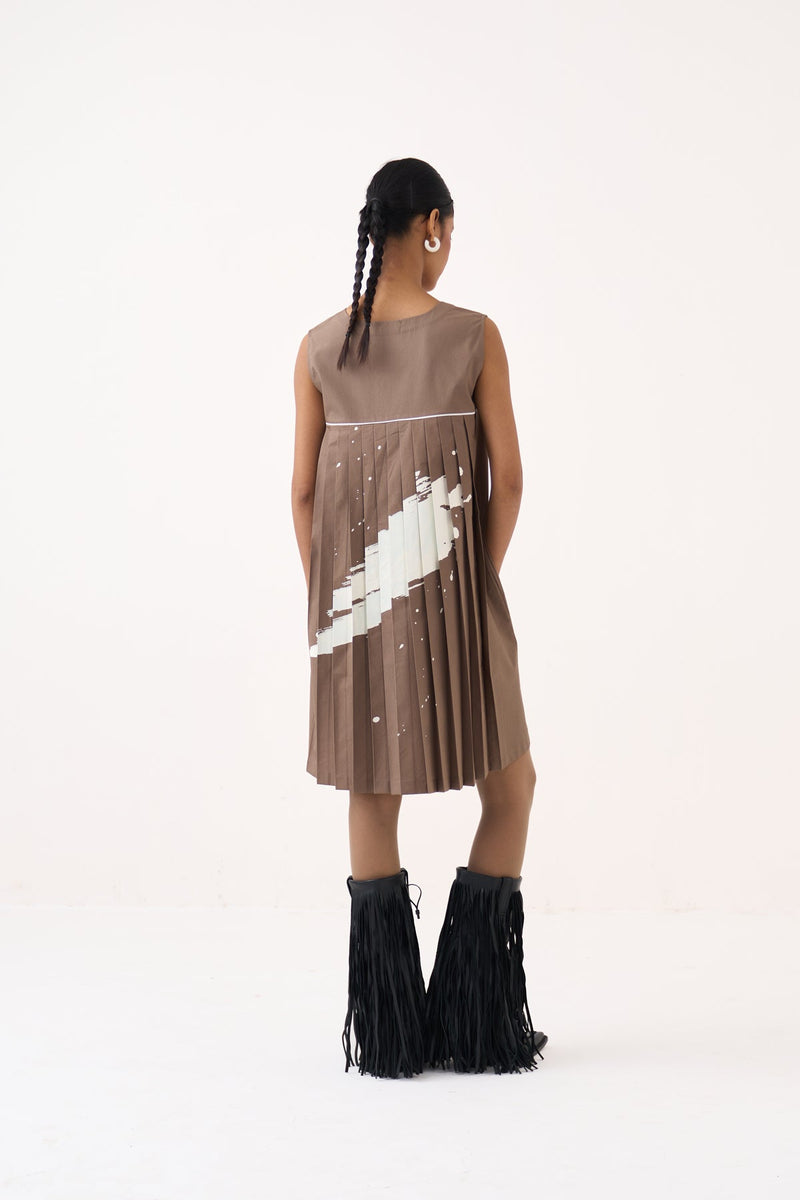 Short Back Pleat Dress-Cedar 100% cotton poplin dress by THREE in cedar for women in Singapore