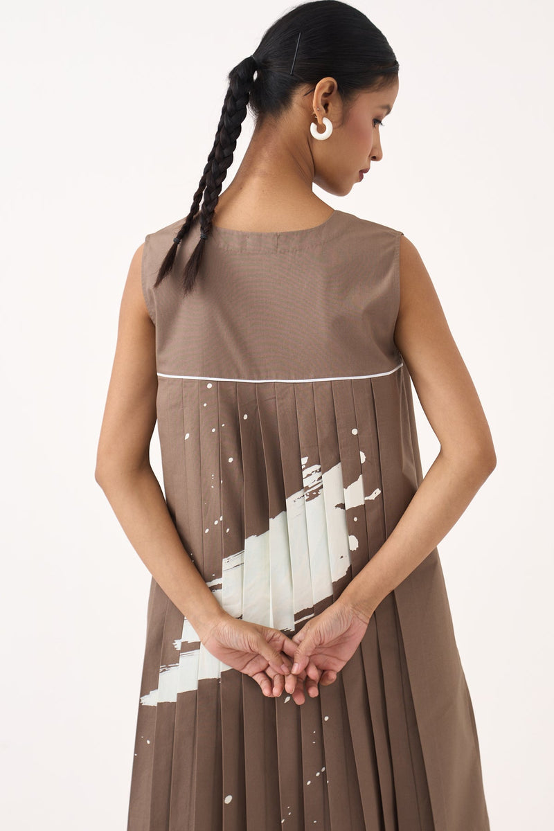 Short Back Pleat Dress-Cedar 100% cotton poplin dress by THREE in cedar for women in Singapore