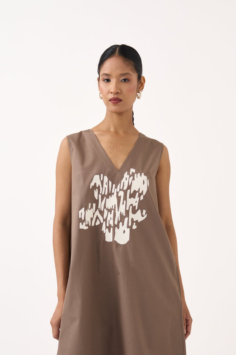 Short Back Pleat Dress-Cedar 100% cotton poplin dress by THREE in cedar for women in Singapore