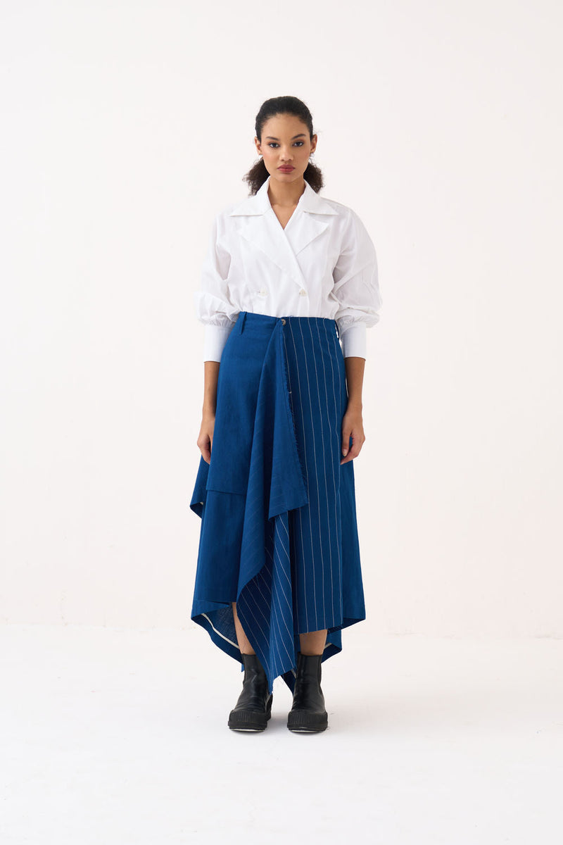 Handkerchief Skirt Co-Ord (Set Of 2)-Cobalt Blue handwoven cotton co-ord set by THREE in blue, white for women in Singapore