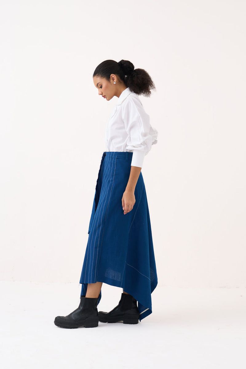 Handkerchief Skirt Co-Ord (Set Of 2)-Cobalt Blue handwoven cotton co-ord set by THREE in blue, white for women in Singapore