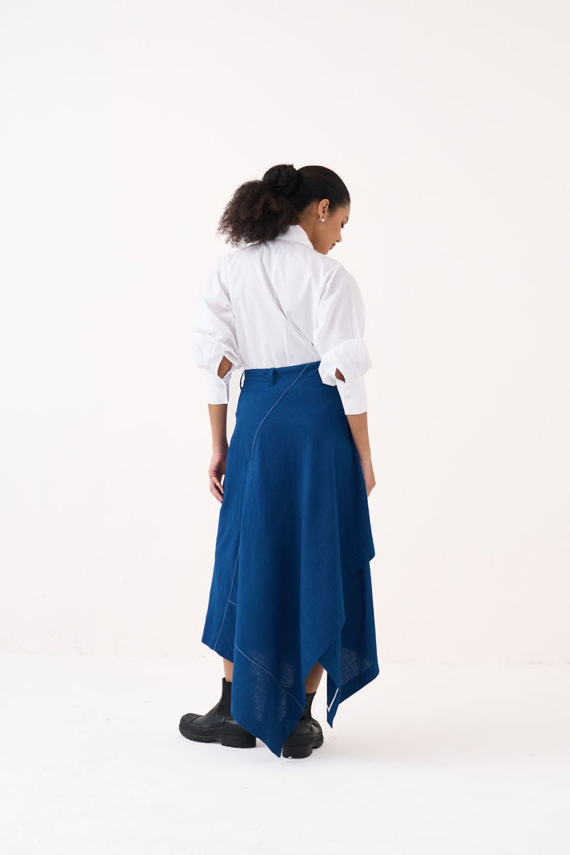 Handkerchief Skirt Co-Ord (Set Of 2)-Cobalt Blue handwoven cotton co-ord set by THREE in blue, white for women in Singapore