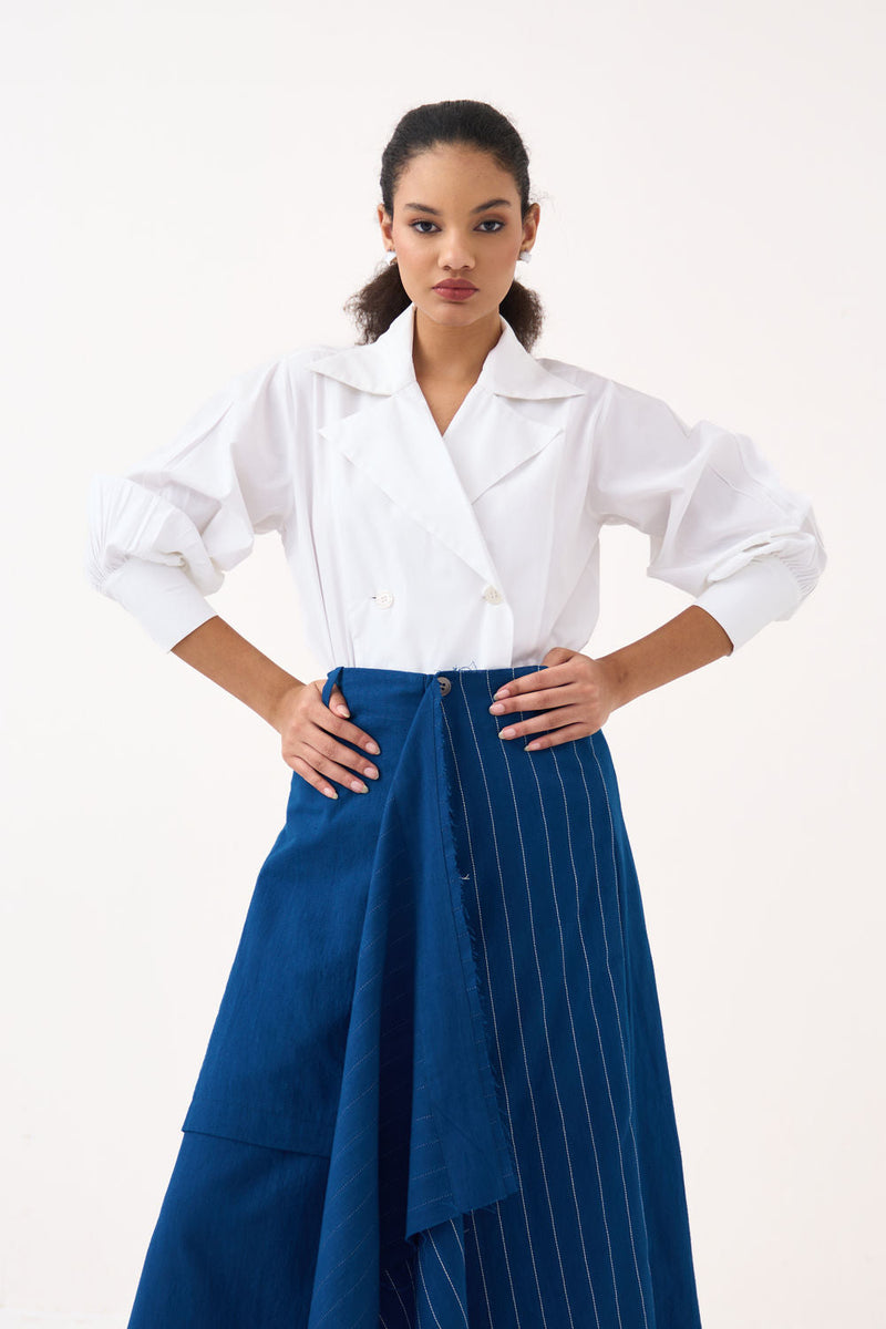 Handkerchief Skirt Co-Ord (Set Of 2)-Cobalt Blue handwoven cotton co-ord set by THREE in blue, white for women in Singapore