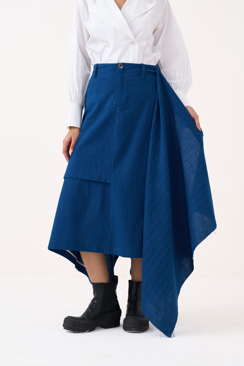 Handkerchief Skirt Co-Ord (Set Of 2)-Cobalt Blue handwoven cotton co-ord set by THREE in blue, white for women in Singapore