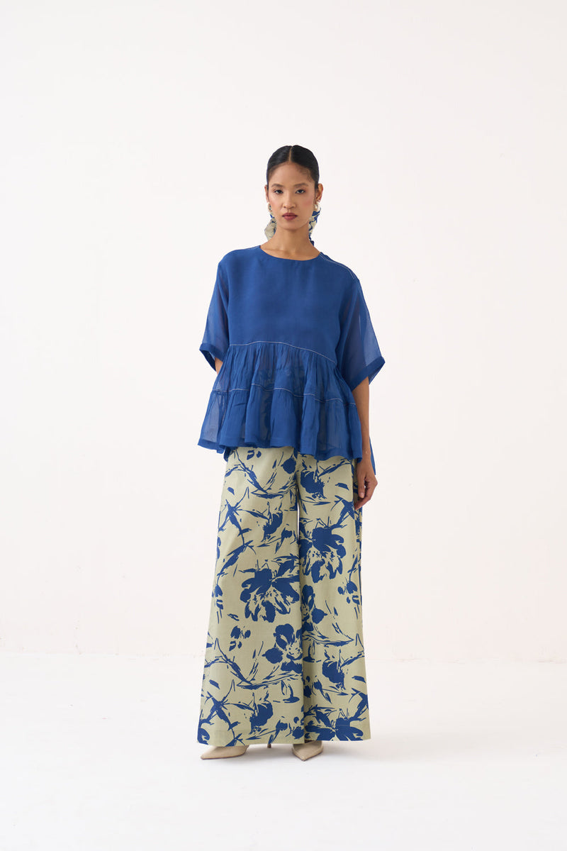 Printed Wide Leg Bottom-Cobalt Blue/Soft Moss 100% cotton poplin pant/trouser by THREE in cobalt blue for women in Singapore