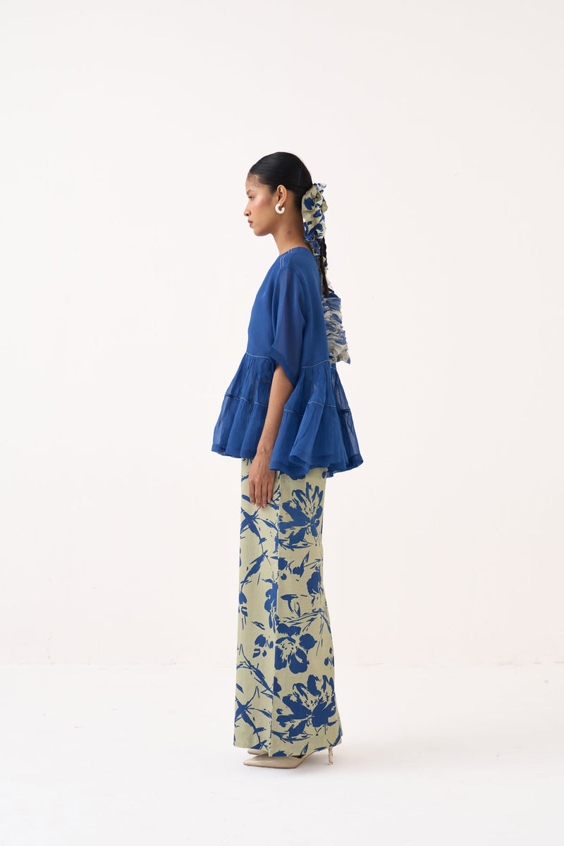 Printed Wide Leg Bottom-Cobalt Blue/Soft Moss 100% cotton poplin pant/trouser by THREE in cobalt blue for women in Singapore