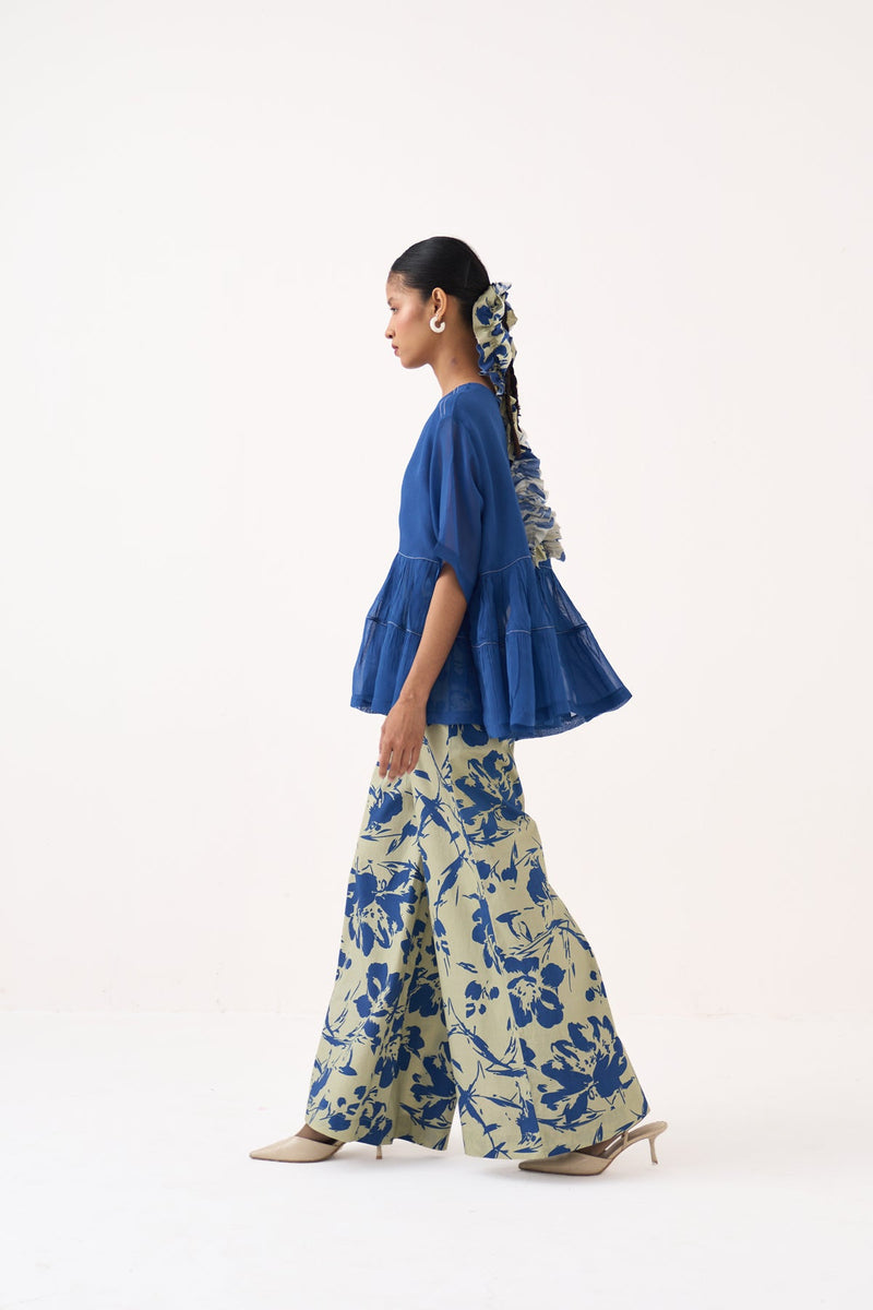 Yoke Gather Top Co-Ord-Cobalt Blue/Soft Moss 100% cotton poplin co-ord set by THREE in cobalt blue for women in Singapore