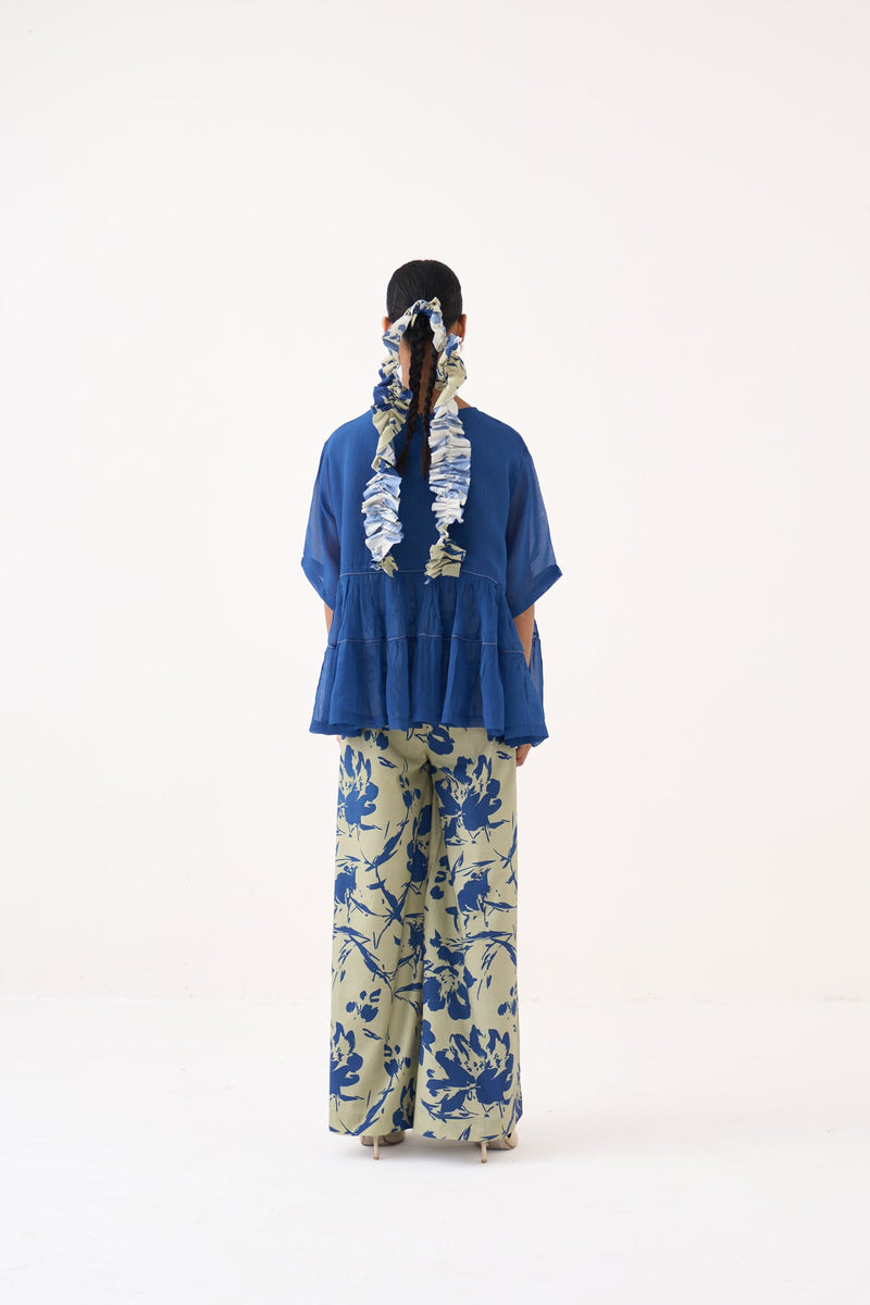 Yoke Gather Top-Cobalt Blue  organza top/shirt by THREE in cobalt blue for women in Singapore