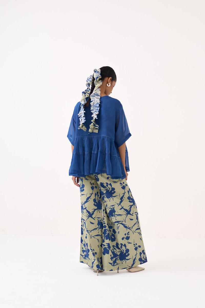 Yoke Gather Top Co-Ord-Cobalt Blue/Soft Moss 100% cotton poplin co-ord set by THREE in cobalt blue for women in Singapore