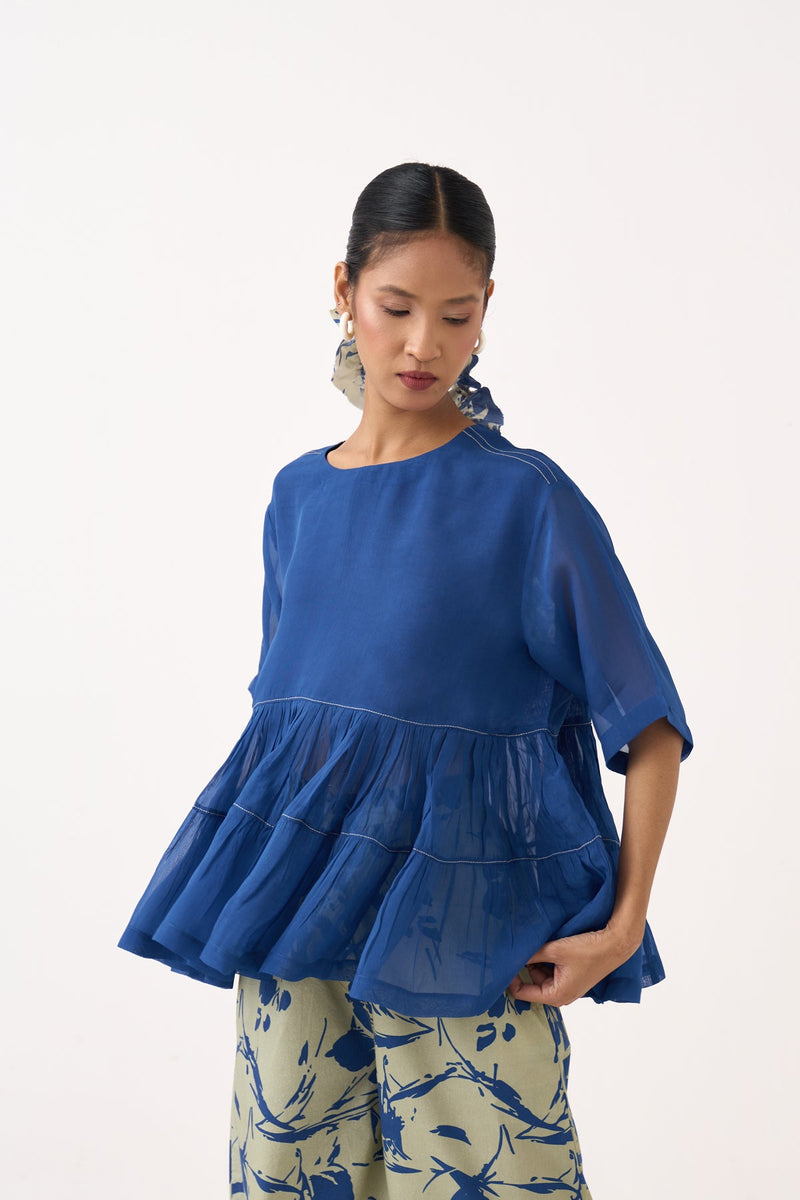 Yoke Gather Top Co-Ord-Cobalt Blue/Soft Moss 100% cotton poplin co-ord set by THREE in cobalt blue for women in Singapore