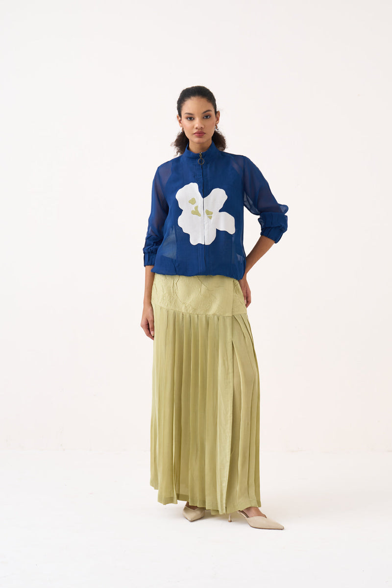 Overlap Pleated Skirt-Soft Moss handwoven cotton mul /silk crepe skirt by THREE in soft moss for women in Singapore