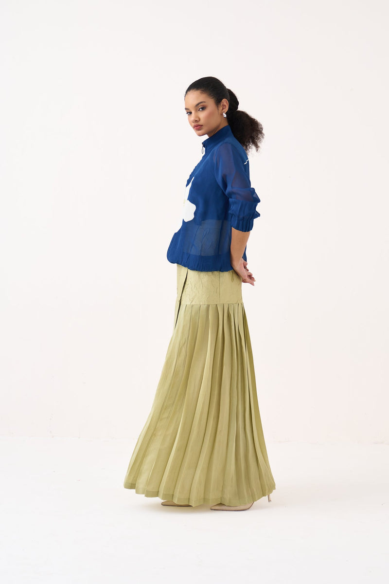 High Neck Floral Apllique Bomber Co-Ord (Included Slip)-Cobalt Blue & Soft Moss organza co-ord set by THREE in cobalt blue for women in Singapore