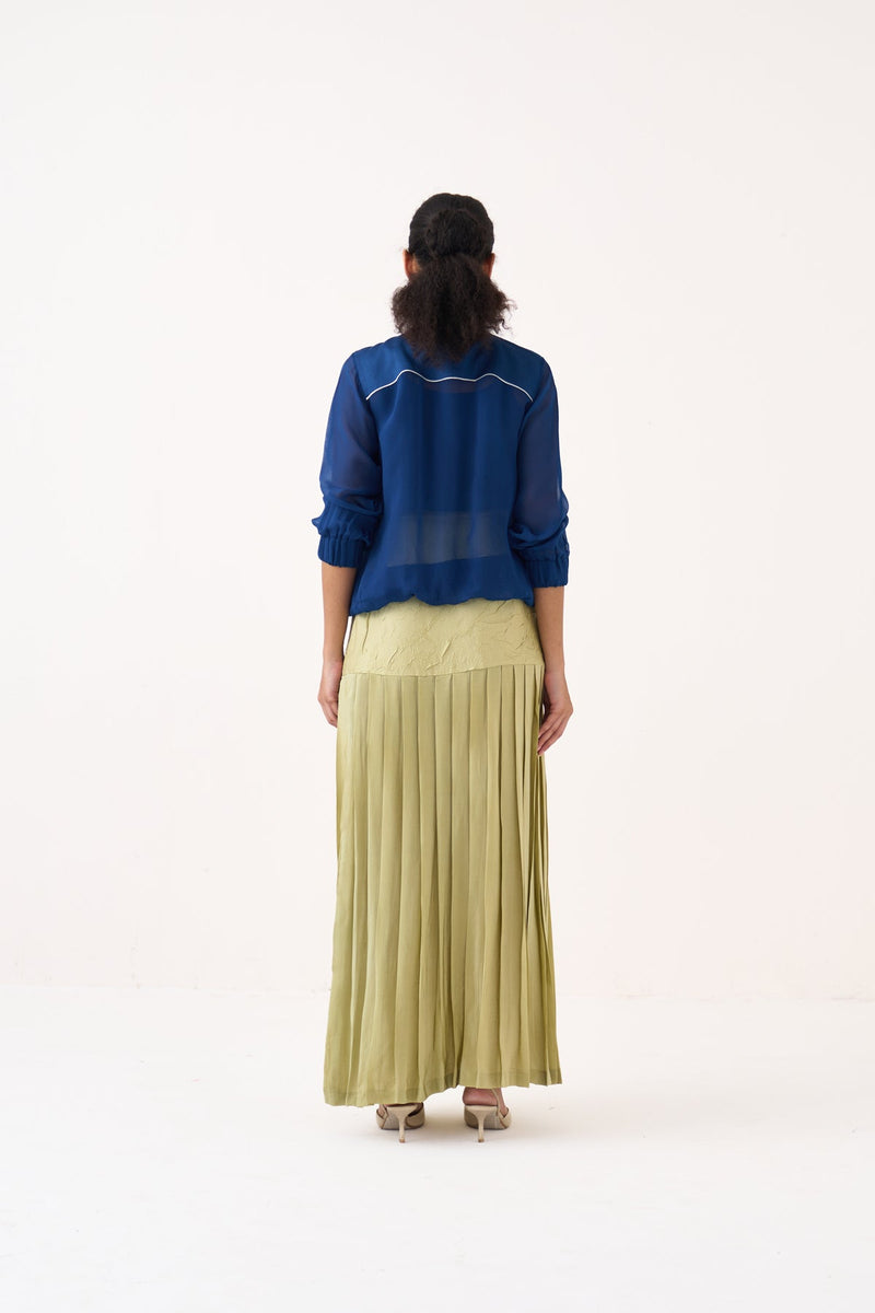 Overlap Pleated Skirt-Soft Moss handwoven cotton mul /silk crepe skirt by THREE in soft moss for women in Singapore