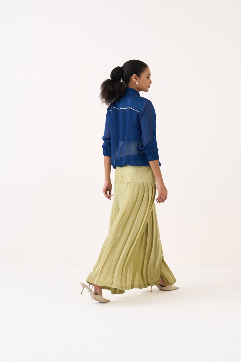 High Neck Floral Apllique Bomber Co-Ord (Included Slip)-Cobalt Blue & Soft Moss organza co-ord set by THREE in cobalt blue for women in Singapore