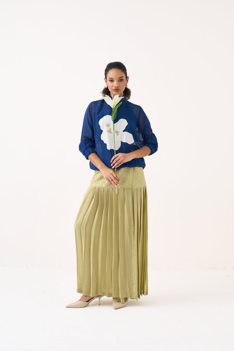Overlap Pleated Skirt-Soft Moss handwoven cotton mul /silk crepe skirt by THREE in soft moss for women in Singapore