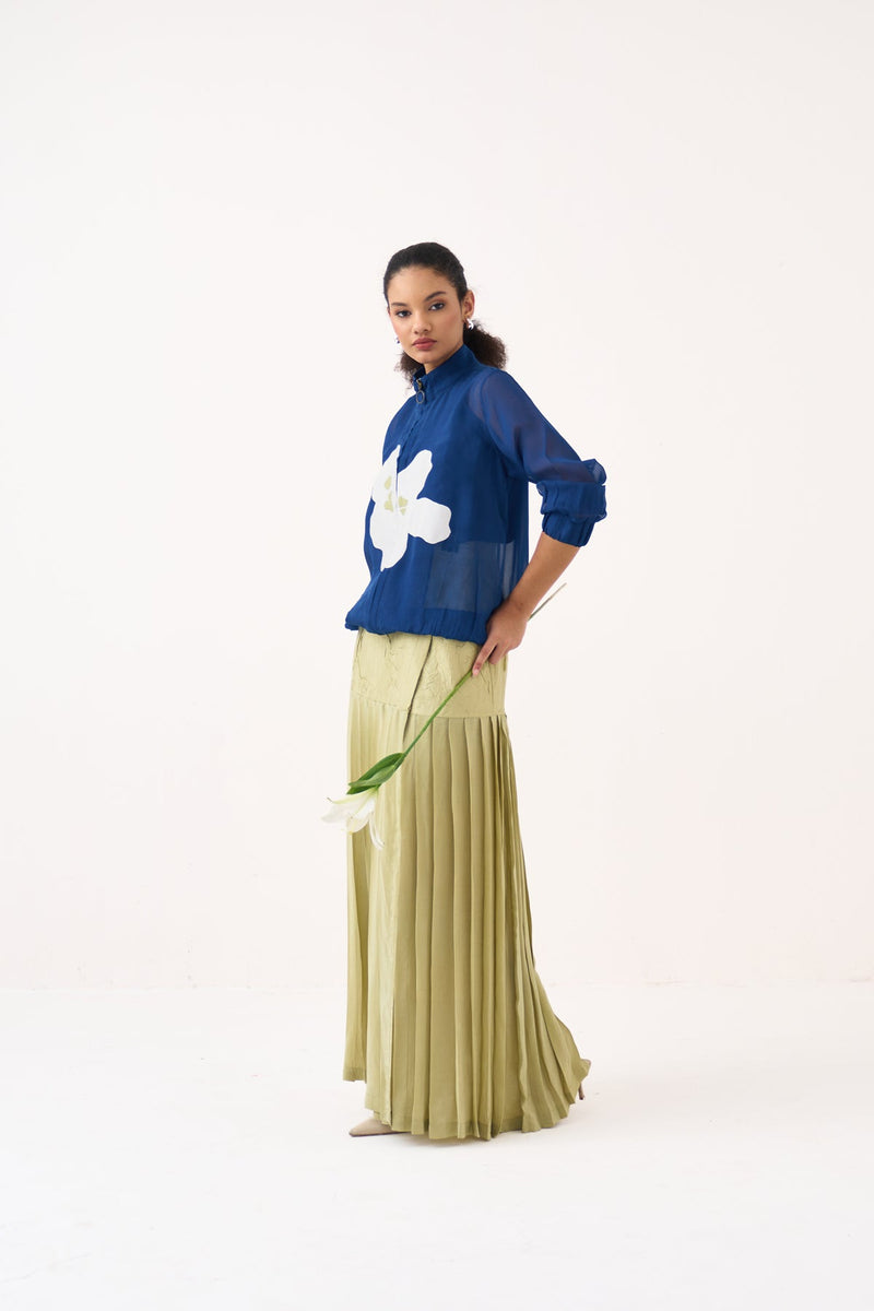 Overlap Pleated Skirt-Soft Moss handwoven cotton mul /silk crepe skirt by THREE in soft moss for women in Singapore