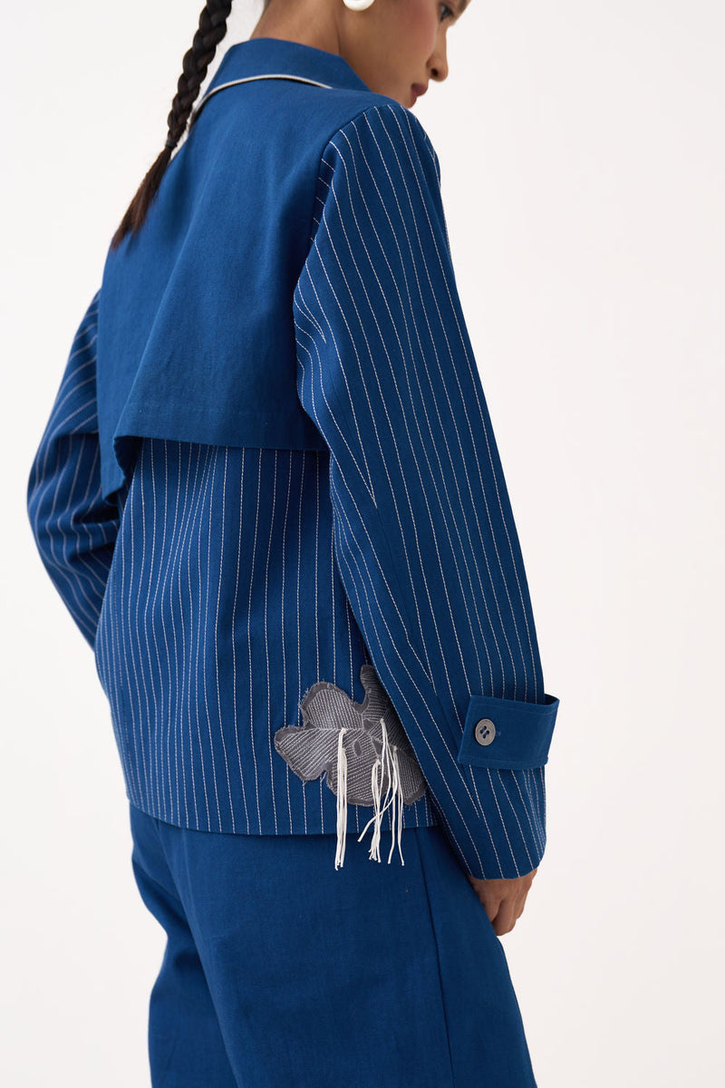 Floral Fringe Patch Jacket-Cobalt Blue twill jacket/overlay by THREE in blue for women in Singapore