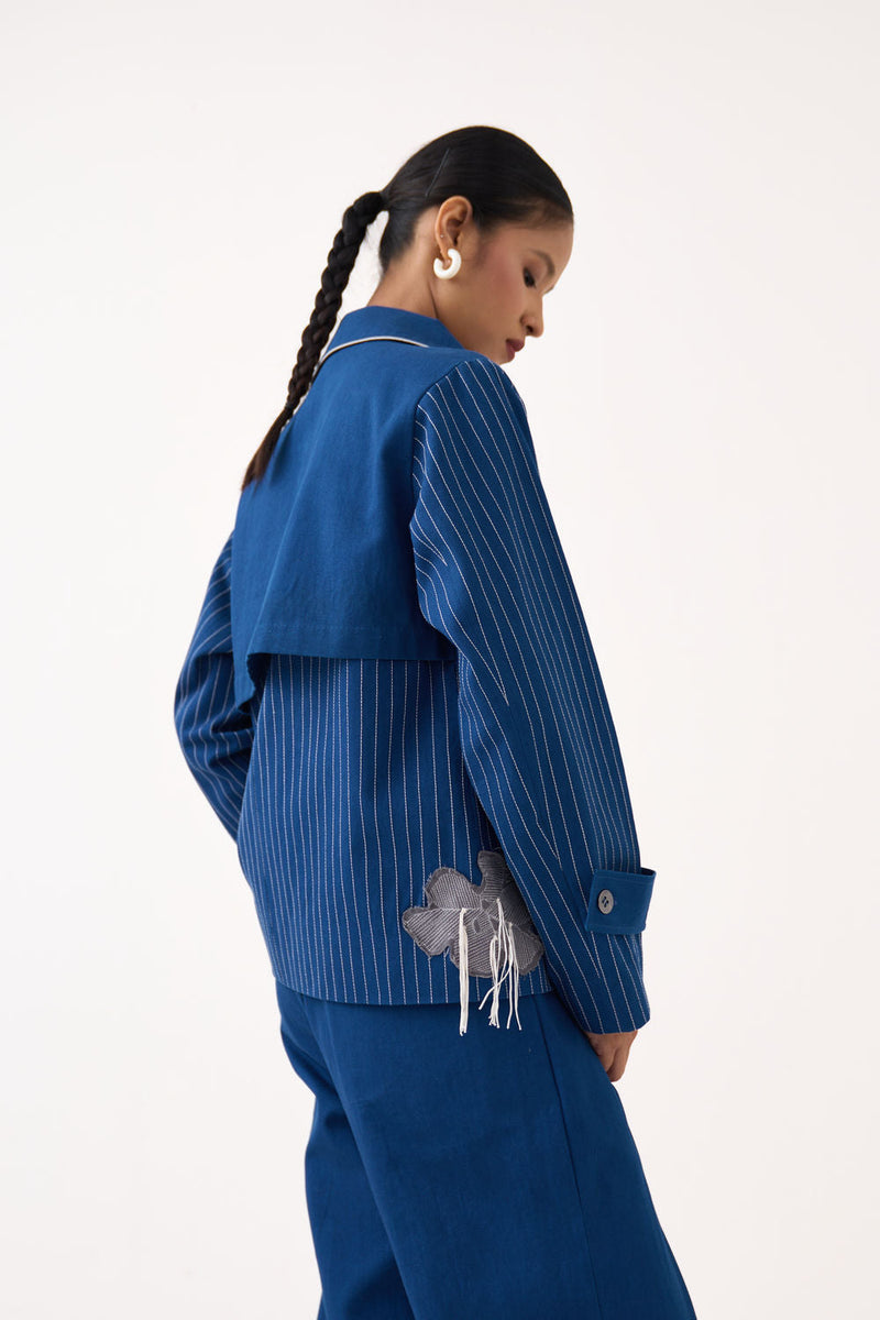 Floral Fringe Patch Jacket-Cobalt Blue twill jacket/overlay by THREE in blue for women in Singapore