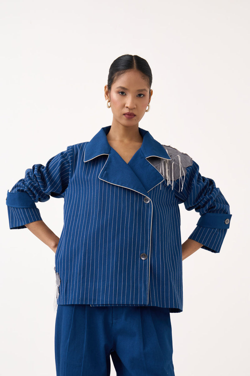Floral Fringe Patch Jacket-Cobalt Blue twill jacket/overlay by THREE in blue for women in Singapore