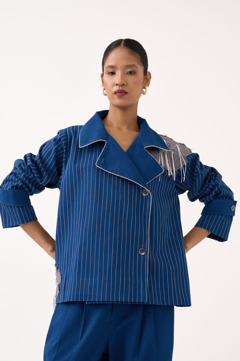 Floral Fringe Patch Jacket-Cobalt Blue twill jacket/overlay by THREE in blue for women in Singapore