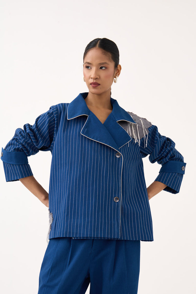 Floral Fringe Patch Jacket-Cobalt Blue twill jacket/overlay by THREE in blue for women in Singapore
