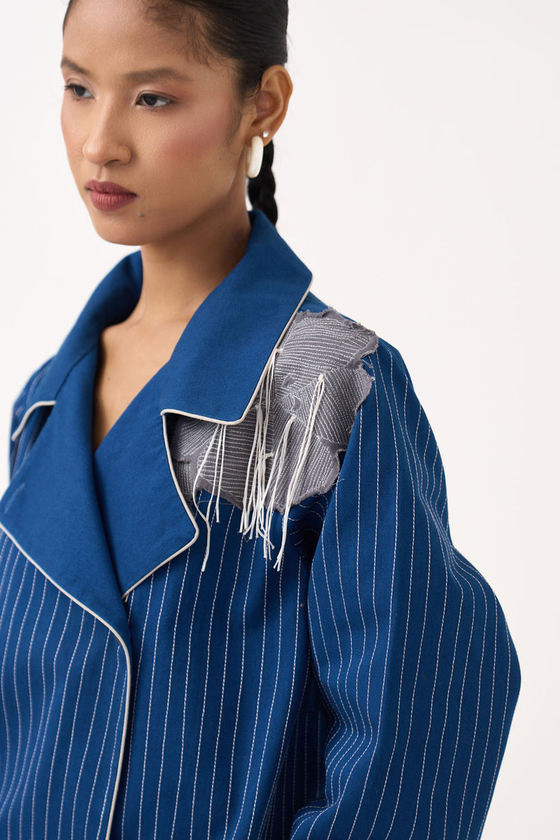Floral Fringe Patch Jacket-Cobalt Blue twill jacket/overlay by THREE in blue for women in Singapore