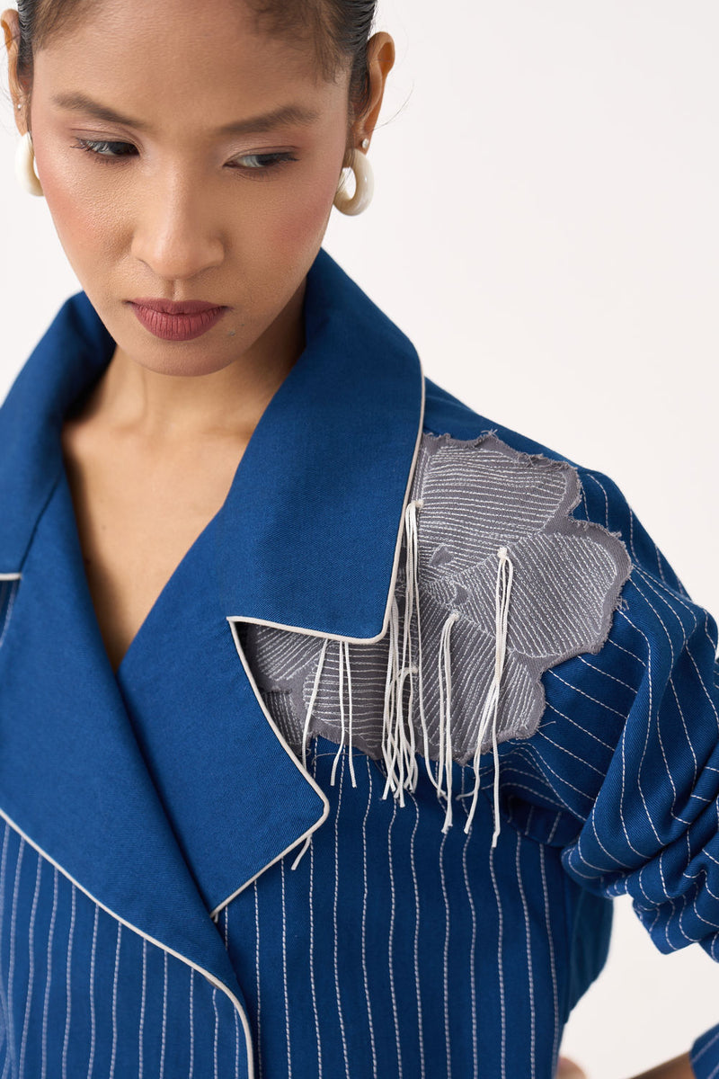 Floral Fringe Patch Jacket-Cobalt Blue twill jacket/overlay by THREE in blue for women in Singapore