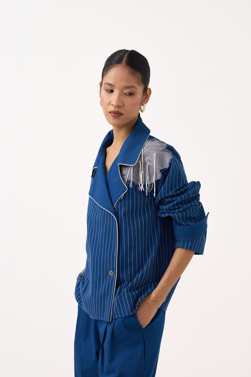 Floral Fringe Patch Jacket-Cobalt Blue twill jacket/overlay by THREE in blue for women in Singapore