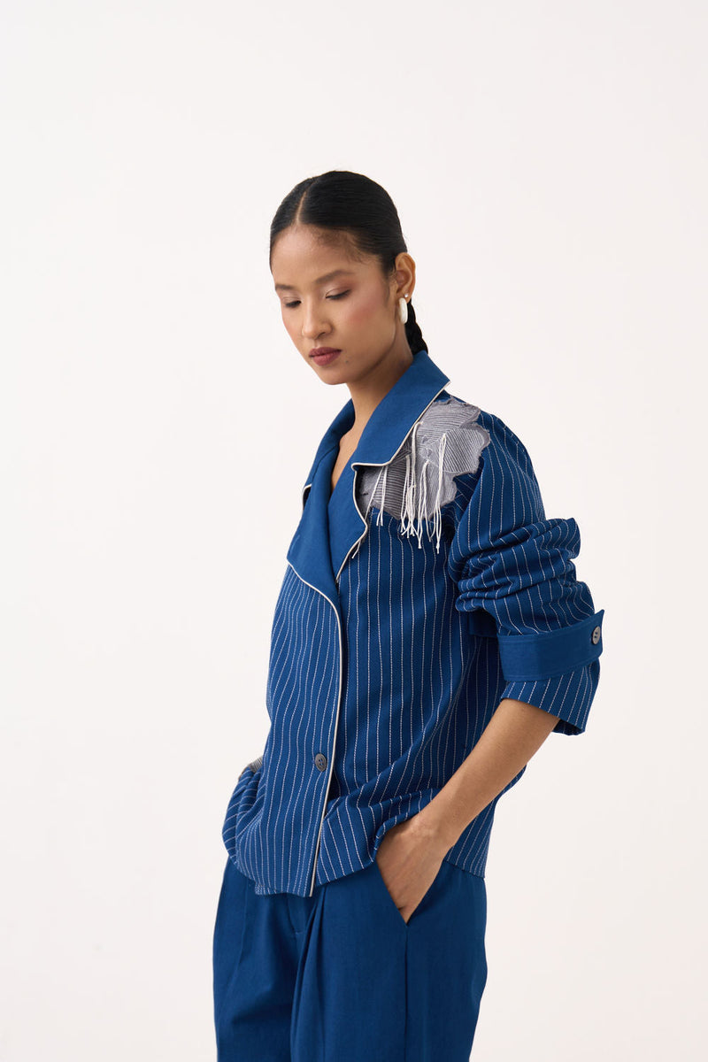 Floral Fringe Patch Jacket-Cobalt Blue twill jacket/overlay by THREE in blue for women in Singapore