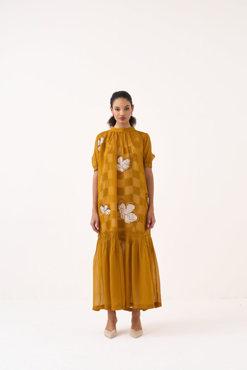 Floral Reversable Applique Bottom Frill Dress (Included Slip)-Honey Mustard organza dress by THREE in honey mustard for women in Singapore