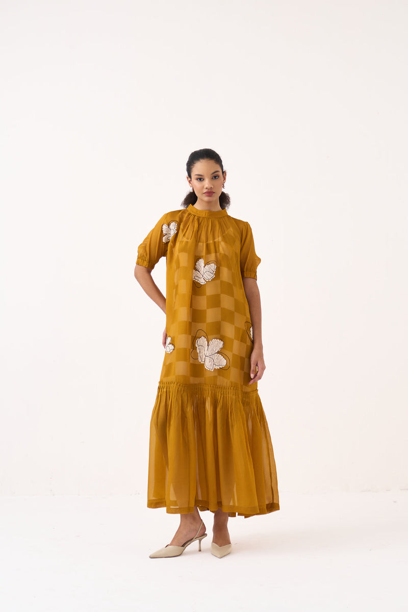 Floral Reversable Applique Bottom Frill Dress (Included Slip)-Honey Mustard organza dress by THREE in honey mustard for women in Singapore