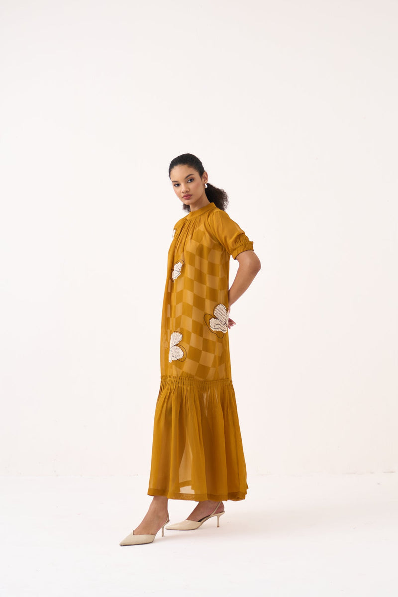 Floral Reversable Applique Bottom Frill Dress (Included Slip)-Honey Mustard organza dress by THREE in honey mustard for women in Singapore