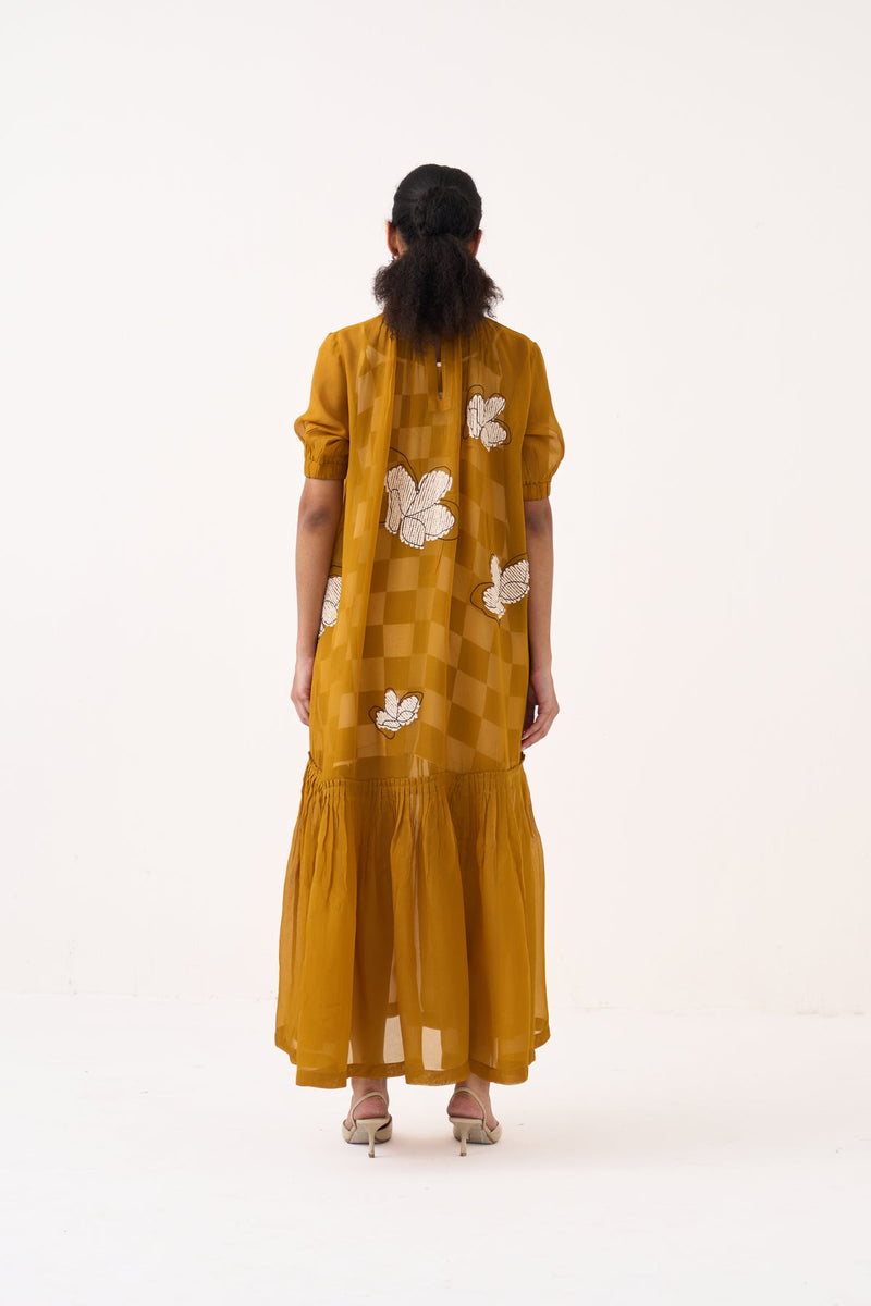 Floral Reversable Applique Bottom Frill Dress (Included Slip)-Honey Mustard organza dress by THREE in honey mustard for women in Singapore