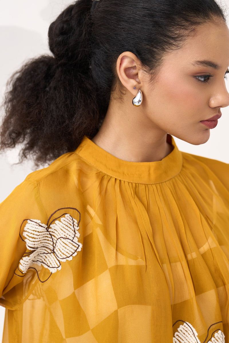 Floral Reversable Applique Bottom Frill Dress (Included Slip)-Honey Mustard organza dress by THREE in honey mustard for women in Singapore
