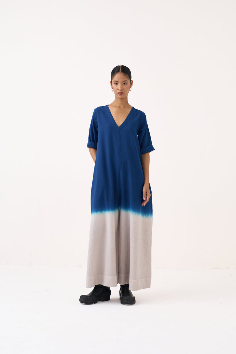 Dip-Dye Jumpsuit-Cobalt Blue and Dove Grey cotton twill jumpsuit by THREE in grey for women in Singapore