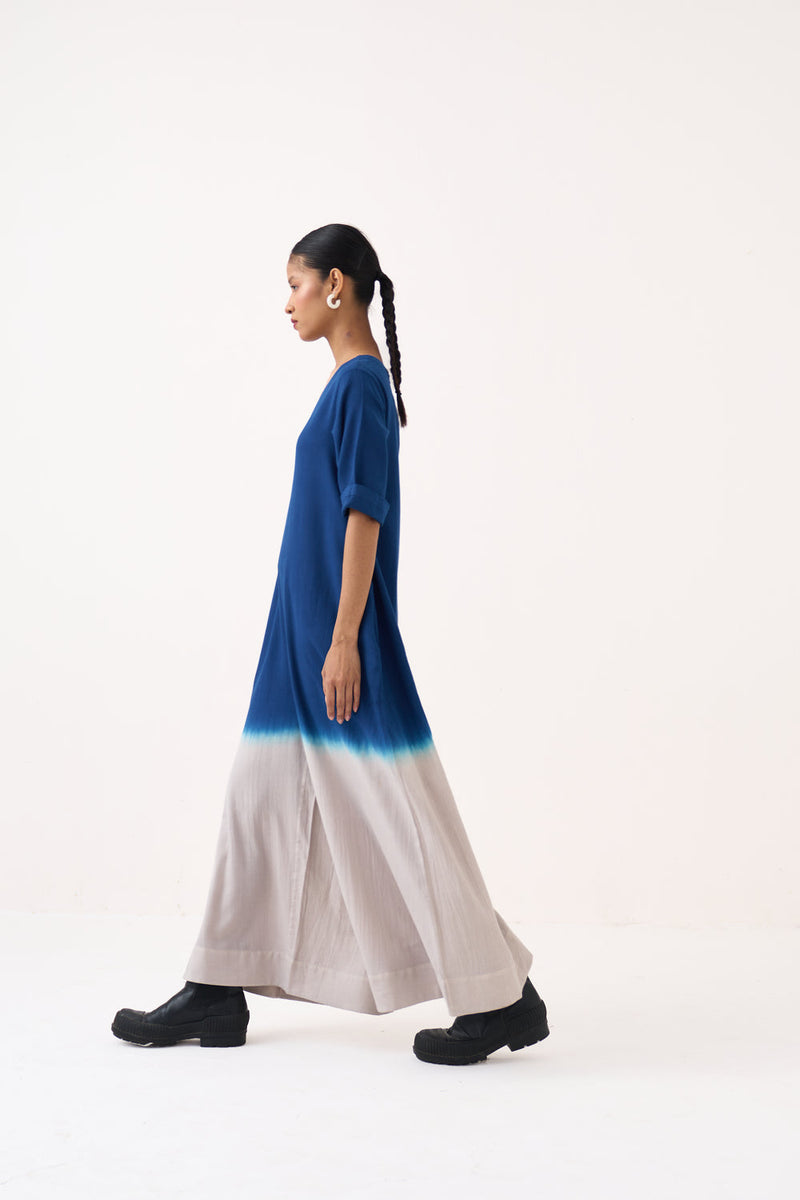 Dip-Dye Jumpsuit-Cobalt Blue and Dove Grey cotton twill jumpsuit by THREE in grey for women in Singapore