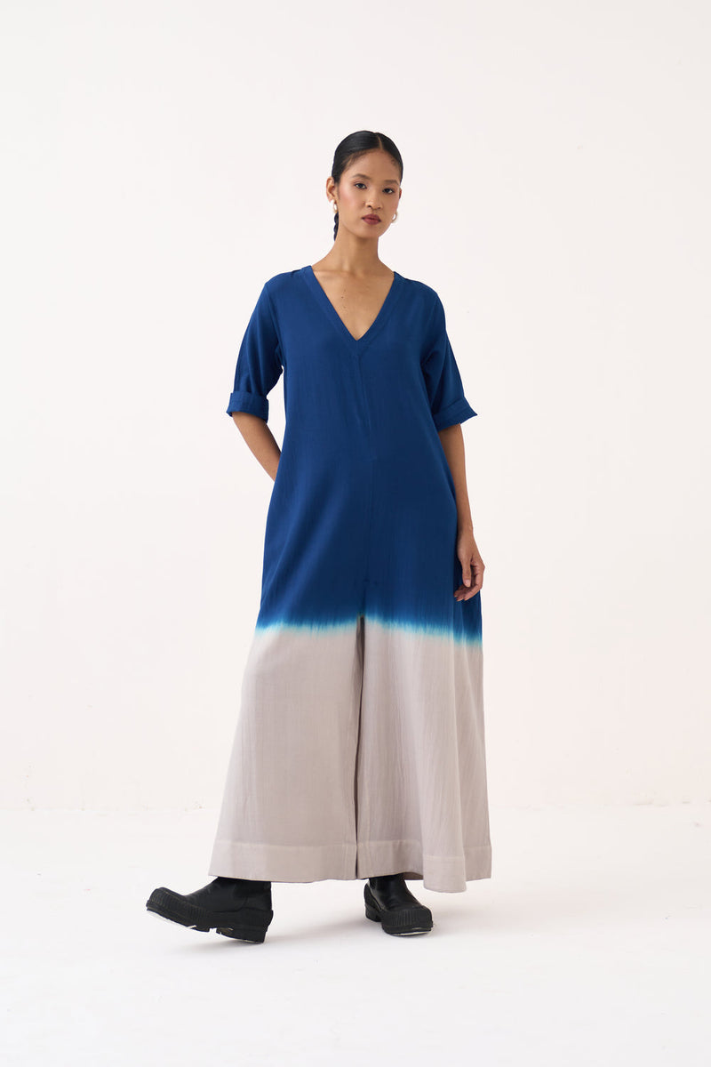 Dip-Dye Jumpsuit-Cobalt Blue and Dove Grey cotton twill jumpsuit by THREE in grey for women in Singapore