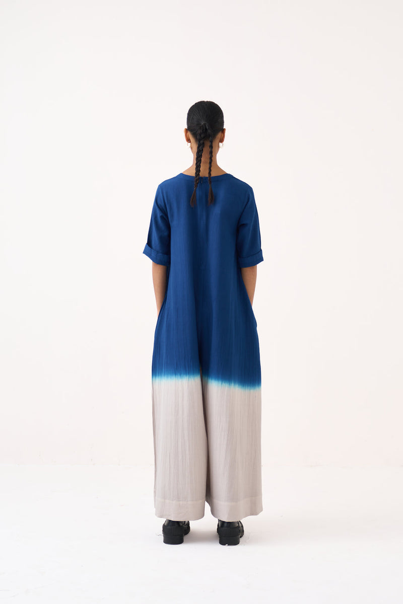 Dip-Dye Jumpsuit-Cobalt Blue and Dove Grey cotton twill jumpsuit by THREE in grey for women in Singapore