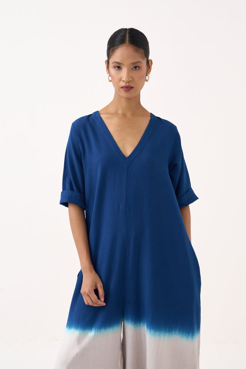 Dip-Dye Jumpsuit-Cobalt Blue and Dove Grey cotton twill jumpsuit by THREE in grey for women in Singapore