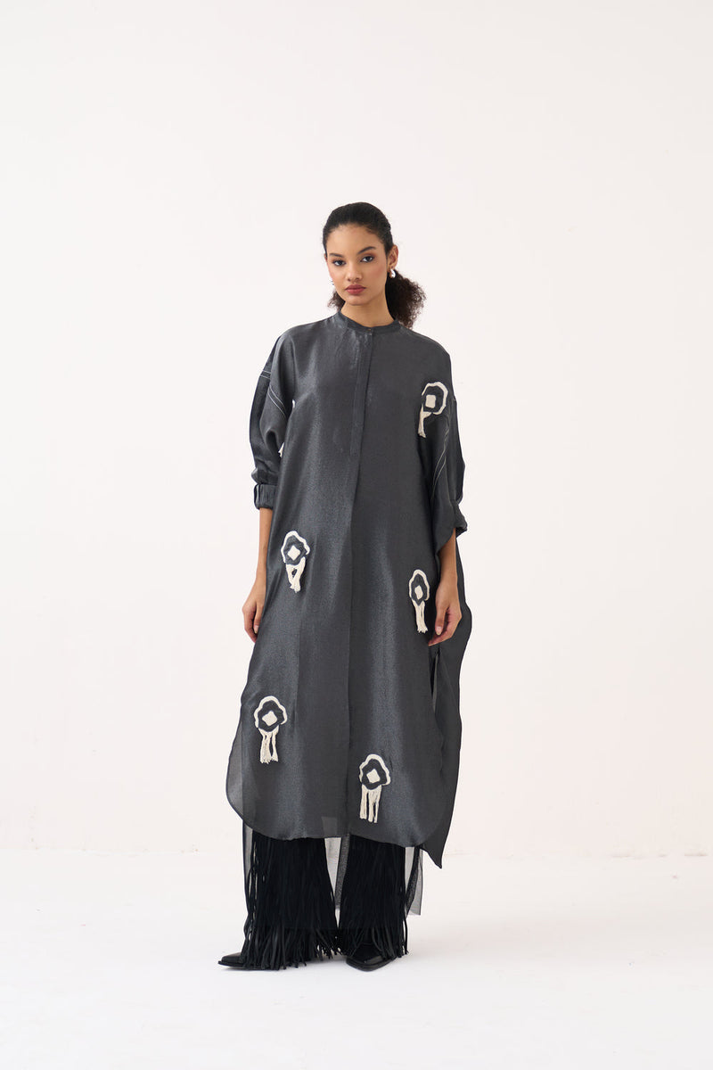 Fringe Bat Sleeve Dress (Slip Included)-Graphite metallic tissue dress by THREE in grey for women in Singapore
