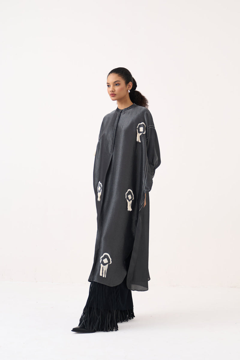 Fringe Bat Sleeve Dress (Slip Included)-Graphite metallic tissue dress by THREE in grey for women in Singapore