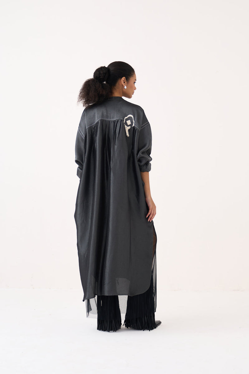 Fringe Bat Sleeve Dress (Slip Included)-Graphite metallic tissue dress by THREE in grey for women in Singapore