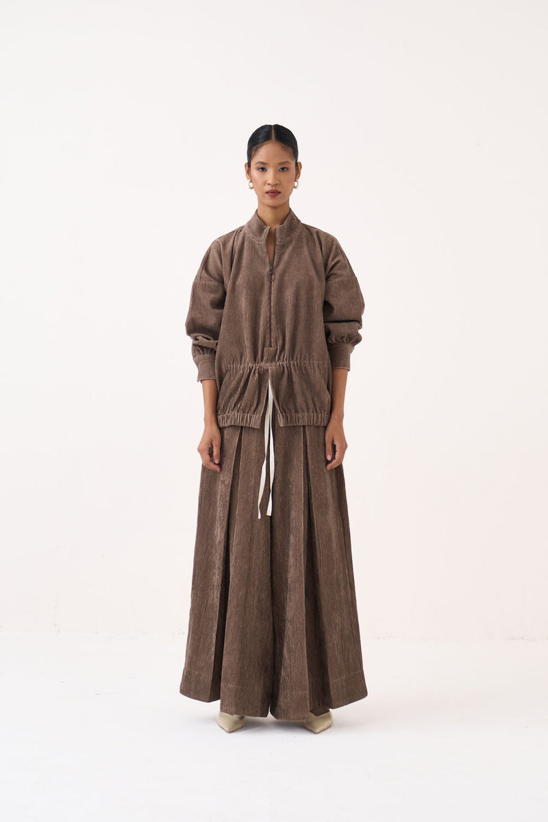Corduroy Drawstring Top-Umber corduroy top/shirt by THREE in brown for women in Singapore