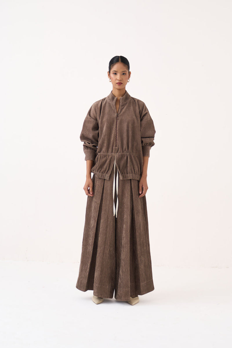 Corduroy Drawstring Top Co-Ord (Set Of 2)-Umber corduroy co-ord set by THREE in brown for women in Singapore